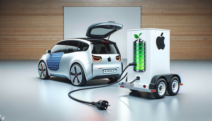 Un render AI de un coche Apple con sistema de baterías fuera del vehículo. (Imagen: Dall-E 3)