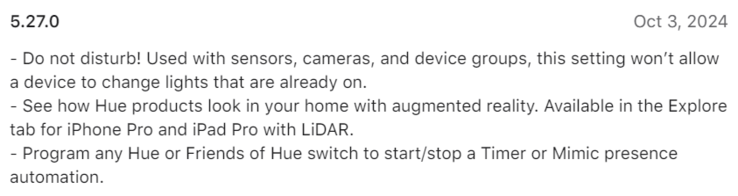 El registro de cambios de la versión 5.27.0 de la aplicación Philips Hue. (Fuente de la imagen: Philips Hue)