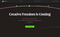 Los fans del paquete de software Serif Affinity están preocupados por un lanzamiento cargado de inteligencia artificial y un modelo de suscripción gracias a esta nueva página de aterrizaje. (Fuente de la imagen: Affinity)