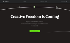 Los fans del paquete de software Serif Affinity están preocupados por un lanzamiento cargado de inteligencia artificial y un modelo de suscripción gracias a esta nueva página de aterrizaje. (Fuente de la imagen: Affinity)