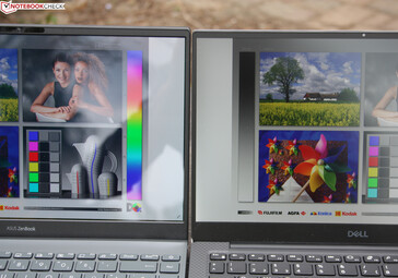XPS 13 9305 IPS Full HD (derecha, mate) frente al Asus ZenBook UX325EA OLED Full HD (izquierda, brillante)