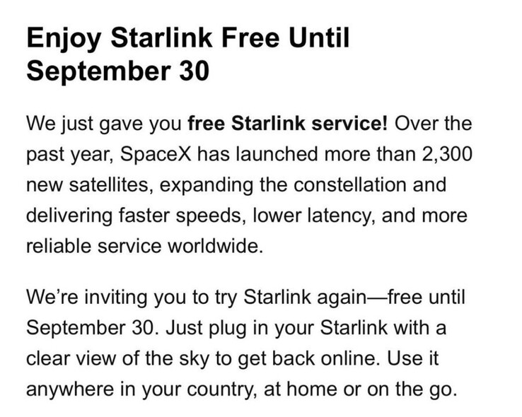 La oferta de cuota de suscripción gratuita a Starlink.