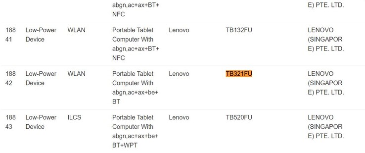 La tableta Legion Y700 de Lenovo aparece en el sitio web de IMDA. (Fuente de la imagen: IMDA)