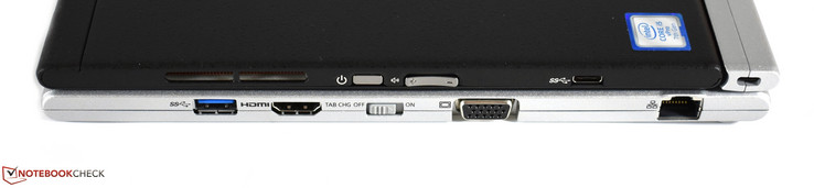 derecha: USB Type-A 3.0, HDMI, interruptor de batería, VGA, USB Type-C 3.1 Gen. 1 (en la tableta), Ethernet, bloqueo Kensington