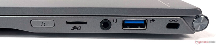 Derecha: 1 lector de tarjetas micro SD, 1 conector de audio combinado, 1 USB 3.2 Gen 2 (Tipo-A), 1 cierre Kensington