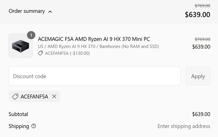 Precio del F5A barebone con el código de descuento aplicado (Fuente de la imagen: Acemagic)