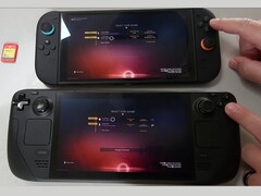 La Nintendo Switch 2 (arriba) y la Steam Deck OLED (abajo) ejecutando No Man's Sky una al lado de la otra. La imagen destaca la diferencia de tiempo de carga observada durante las pruebas. (Fuente de la imagen: The Phawx en YouTube)