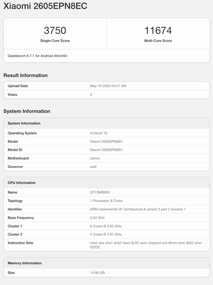Listado de Geekbench del supuesto Xiaomi 17 Max.
