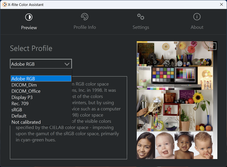 Seleccione uno de los perfiles de color predefinidos a través del software X-Rite Color Assistant. Algunos perfiles pueden estar mejor calibrados que otros, sin embargo