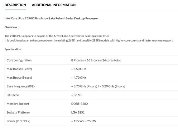Especificaciones de la CPU Intel Core Ultra 7 270K Plus para equipos de sobremesa. (Fuente de la imagen: PrimeABGB)