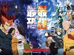 Póster promocional del anime One Punch Man, con Saitama, Genos y otros héroes a la derecha enfrentándose a poderosos villanos y monstruos a la izquierda, con un dramático fondo celeste. (Fuente de la imagen: One Punch Man)