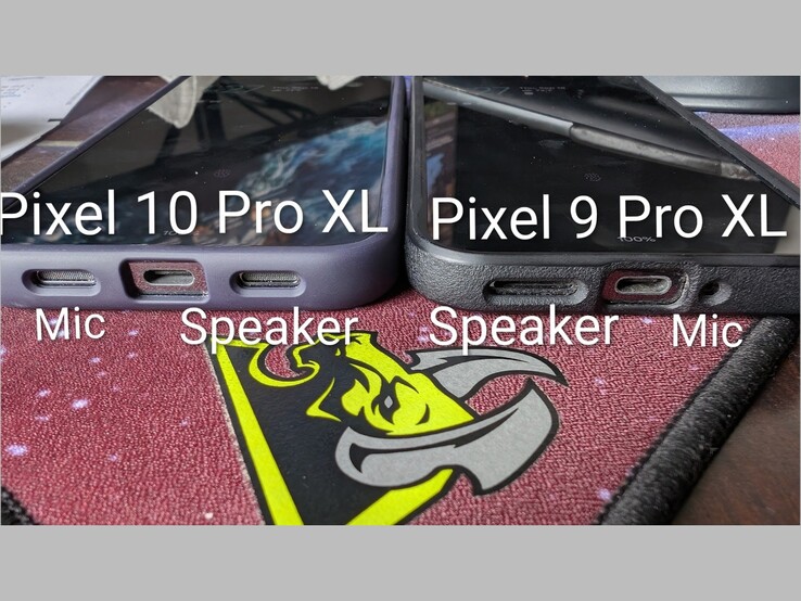 Comparación entre la ubicación del altavoz y el micrófono del Pixel 10 Pro XL y el Pixel 9 Pro XL. (Fuente de la imagen: Artem Russakovskii en X)