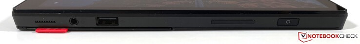 Derecha: 3,5 mm estéreo, USB-A 2.0, control de volumen, botón de encendido