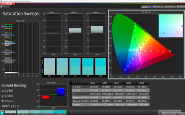 CalMAN: Saturación de color (perfil: vivo, balance de blancos: estándar, espacio de color de destino: DCI-P3)