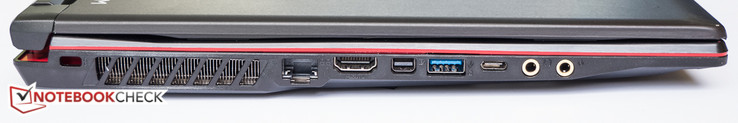 Izquierda: Kensington Lock, Gigabit Ethernet, USB3.1 Gen1, HDMI, mini-DisplayPort, USB3.1 Gen1, USB Type-C Gen2, Micrófono, Auriculares