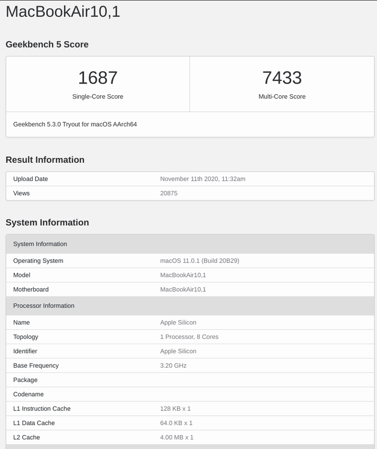 El Geekbench 5 anota el nuevo M1 MacBook Air. (Imagen a través de Geekbench)