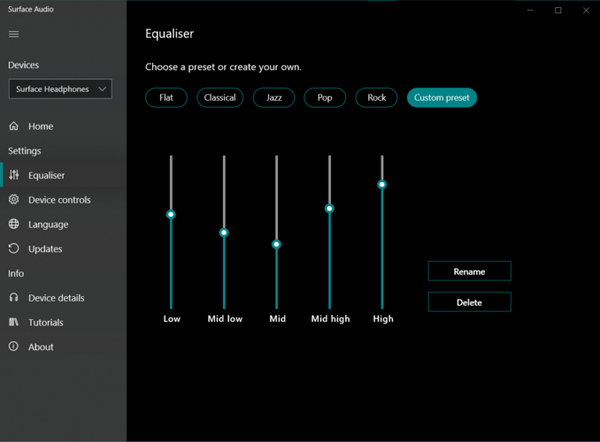 The Surface Audio app has five audio presets. (Image source: Notebookcheck)