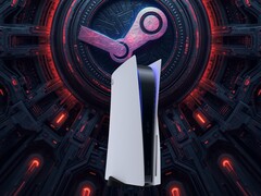 La consola PS5 mostrada sobre un fondo de Steam
