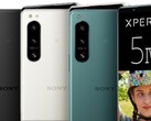 Las fotos de prensa del Sony Xperia 5 IV muestran un par de especificaciones clave del teléfono compacto en la pantalla. (Fuente de la imagen: 91Mobiles/Sony - editado)