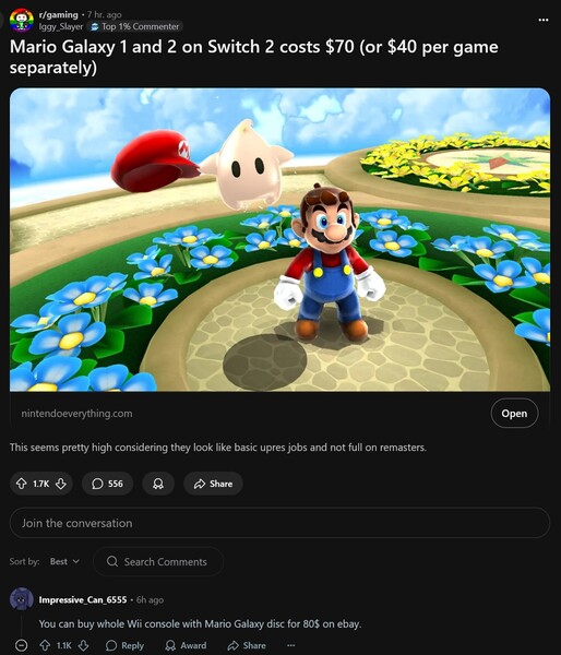 Debate sobre los precios de Super Mario Galaxy y Super Mario Galaxy 2 en Switch (Fuente de la imagen: captura de pantalla, Iggy_Slayer@Gaming subreddit)