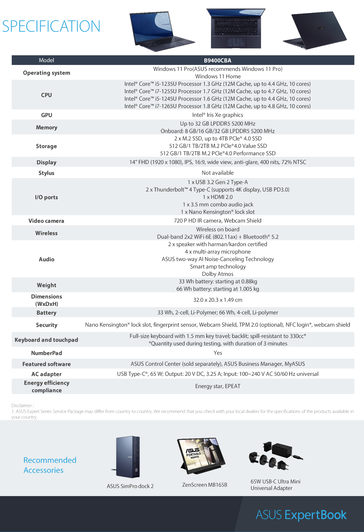 Asus ExpertBook B9 - Especificaciones. (Fuente: Asus)