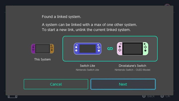 Pantalla de Nintendo Switch que muestra una advertencia de que una consola puede vincularse con un máximo de otra consola para compartir la tarjeta de juego virtual, lo que obliga al usuario a desvincular la consola vinculada actual para iniciar una nueva vinculación.