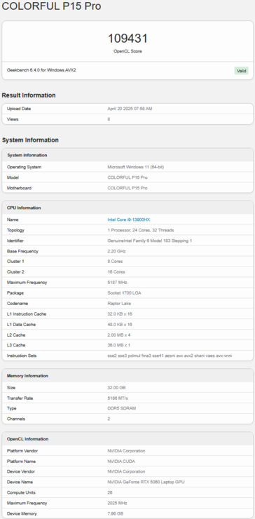 Puntuación Geekbench OpenCL del portátil RTX 5060 (fuente de la imagen: Geekbench)