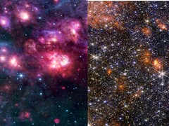 Un collage de las imágenes MIRI y NIRCam de Sagitario B2 (Fuente de las imágenes: varias - ver fuentes; editado)