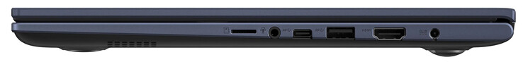 Lado derecho: Lector de tarjetas de memoria (MicroSD), combo de audio, USB 3.2 Gen 1 (USB-C), USB 3.2 Gen 1 (USB-A), HDMI, conector de alimentación