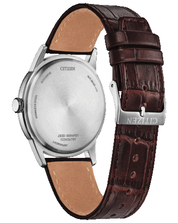Vista trasera del Citizen Rolan AW2110-14Z, en la que se aprecia su fondo de caja de acero inoxidable y su correa de piel marrón con hebilla firmada.