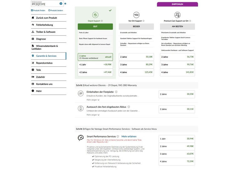 Opciones de la garantía (captura de pantalla de la página de servicio de Lenovo)