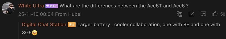 Tipster compara el OnePlus Ace 6 vainilla con el supuesto Ace 6T. (Fuente de la imagen: Weibo - machine translated)