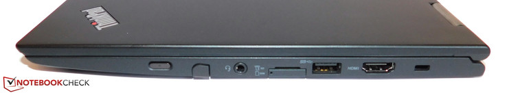 derecha: encendido, ranura digitalizador, clavija 3.5 mm, ranura SIM, lector MicroSD, USB 3.0, HDMI, bloqueo Kensington