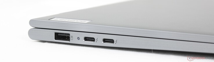 Izquierda: USB-A 3.2 Gen 1 (5 Gbit/s, siempre activo), 2x USB-C 4.0 con Thunderbolt 4 (40 Gbit/s, DisplayPort 2.1, Power Delivery 3.0)