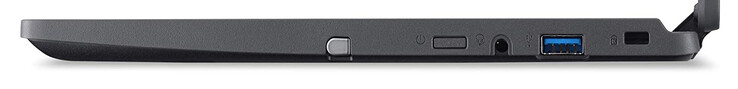 Lado derecho: lápiz de entrada, botón de encendido, puerto combinado de audio, USB 3.2 Gen 1 (Tipo A), ranura de bloqueo del cable