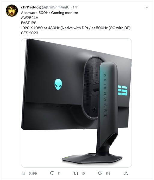 Rumor de monitor Alienware de 500 Hz. (Fuente de la imagen: @g01d3nm4ng0)