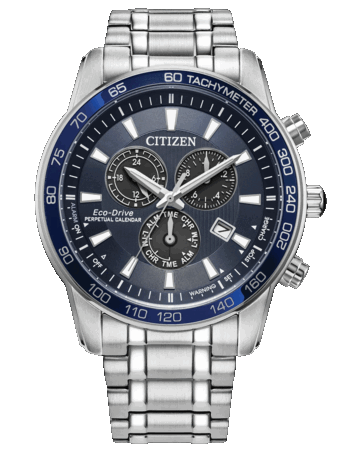 Cronógrafo Citizen Classic Eco-Drive con esfera de color azul intenso, caja y brazalete de acero inoxidable de 44 mm en tono plateado, bisel taquimétrico, tres subesferas y ventana de fecha.