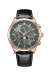 Reloj Citizen BY1033-01H Eco-Drive con fase lunar, esfera en gris carbón, caja de acero inoxidable en tono oro rosa, correa de piel negra, indicador analógico de la fase lunar, dos subesferas y ventana de fecha.