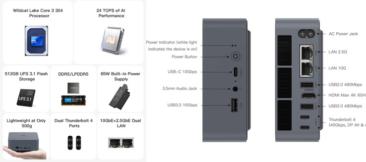 Características principales y puertos del mini PC EQi Intel Wildcat Lake