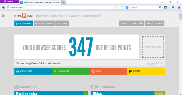 Visitando html5test.com a través de Firefox 24 en Windows 10 (Fuente de la imagen: Captura de pantalla)