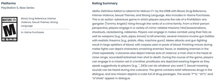 Clasificación de la ESRB para la versión de «Mafia Definitive Edition» para PS5 y Xbox Series X | S. 