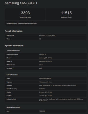Puntuación en Geekbench del Snapdragon 8 Elite 2 (fuente de la imagen: Geekbench)
