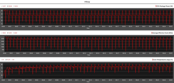 Métricas de la CPU durante el bucle Cinebench R15