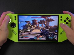 Juego de Borderlands 4 ejecutado en el dispositivo portátil MSI Claw 8 AI impulsado por AMD Ryzen Z2 Extreme, que muestra la vista en primera persona con un rifle apuntando a un entorno exterior (Fuente de la imagen: ETA PRIME vía YouTube)