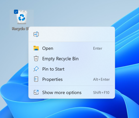 Nuevo y moderno menú contextual al hacer clic con el botón derecho del ratón en la papelera de reciclaje del escritorio. (Fuente de la imagen: Microsoft)