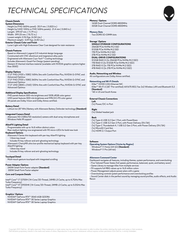 Especificaciones del Alienware x17 R2 (Fuente: Dell)