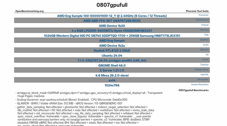 Especificaciones del sistema de pruebas AMD Gainsborough publicadas en OpenBenchmarking