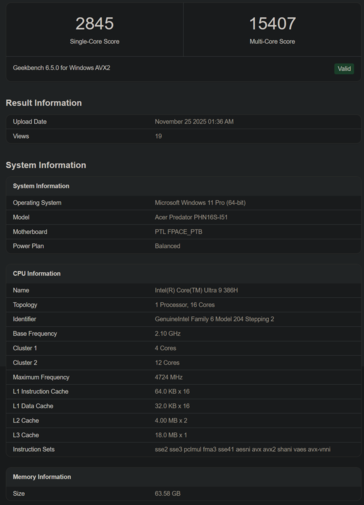 Listado de Intel Core Ultra 9 368H en Geekbench (fuente de la imagen: Geekbench)