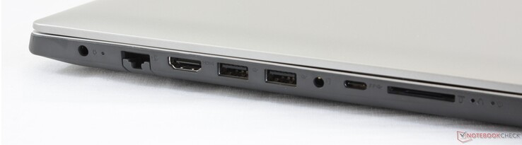 Izquierda: adaptador de CA, Gigabit RJ-45, 2x USB 3.0, audio combinado de 3.5 mm, USB Type-C Gen. 1, lector de tarjetas SD