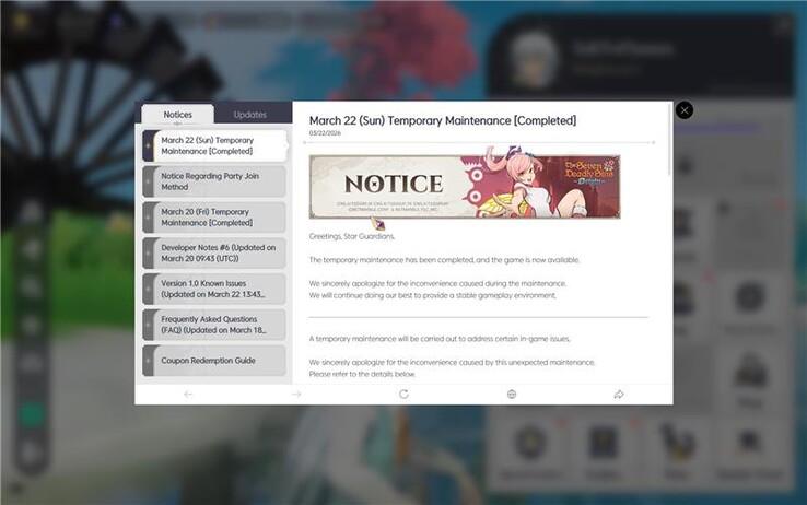 Aviso del 22 de marzo en el juego confirmando una corrección de sonido y otras correcciones de errores en Los Siete Pecados Capitales: Origen.